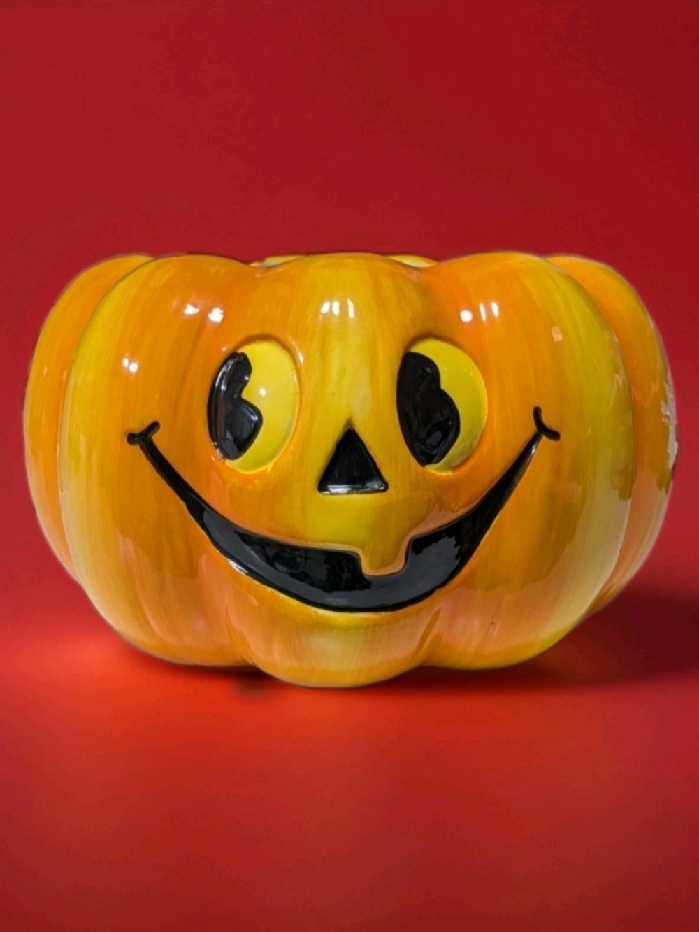 Halloween Pumpkin Candy Bucket - Orange Ceramic Jack-O'-Lantern - Picture 3 of 6